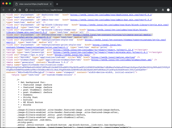 Screenshot of the source code of a website displaying the plugin stylesheet being called in the <HEAD> section of the site source code.