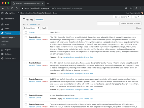 Screenshot of the Network Admin link in the Themes screen displaying a list of themes used in the network.