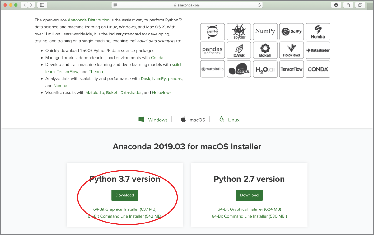 Screenshot of downloading Python 3.7 version of Anaconda site.