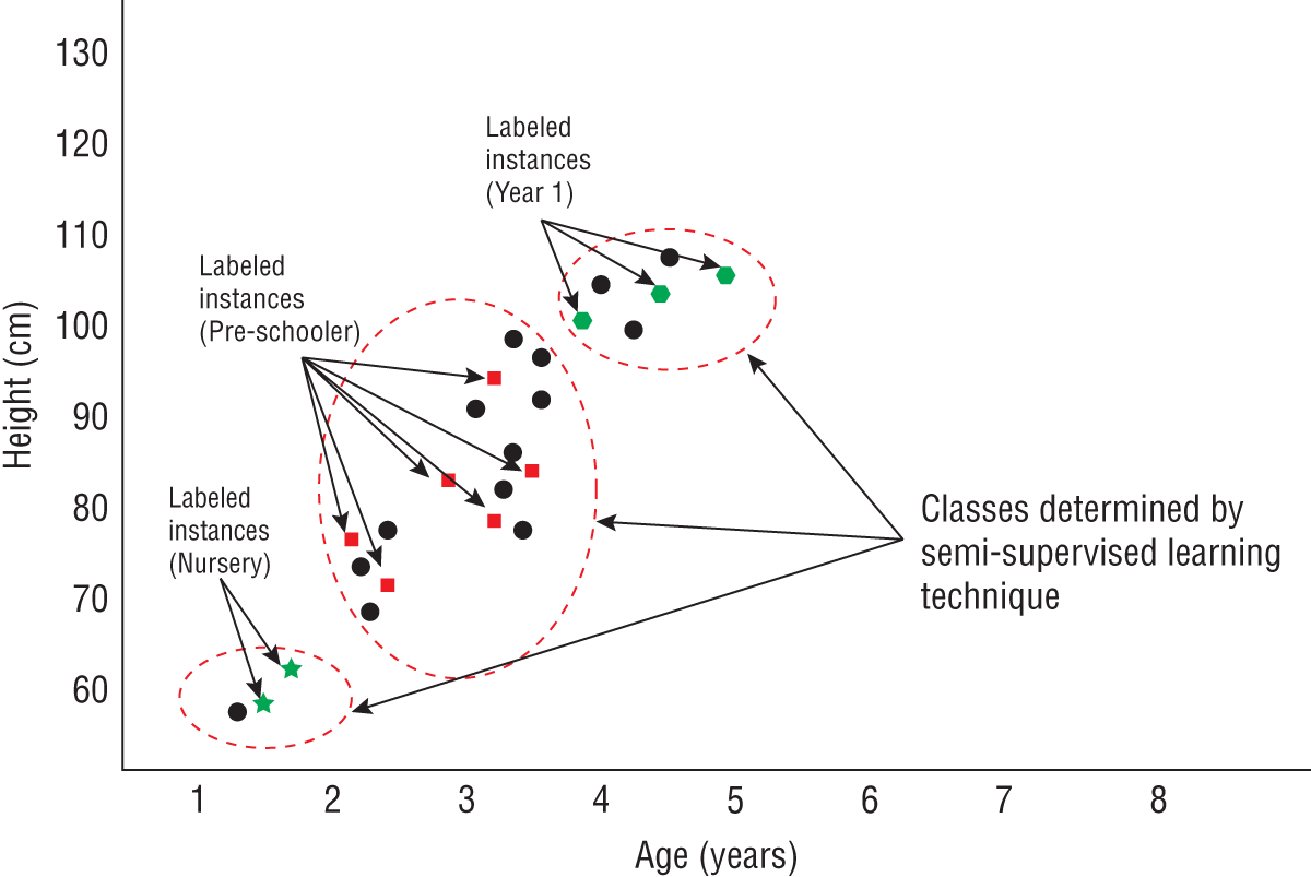 Graphical representation of semi-supervised learning, with age on x axis and height on y axis.