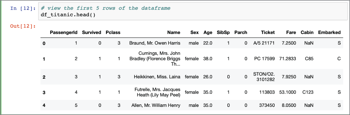 Screenshot of the head() function displays rows from the beginning of a Pandas dataframe.