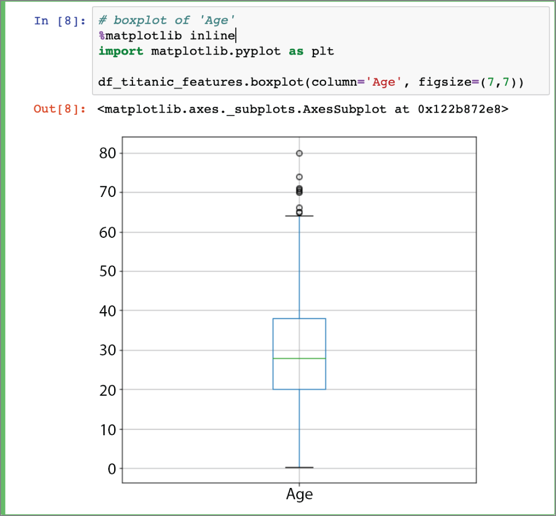 Chart depicts box plot of the age feature variable.