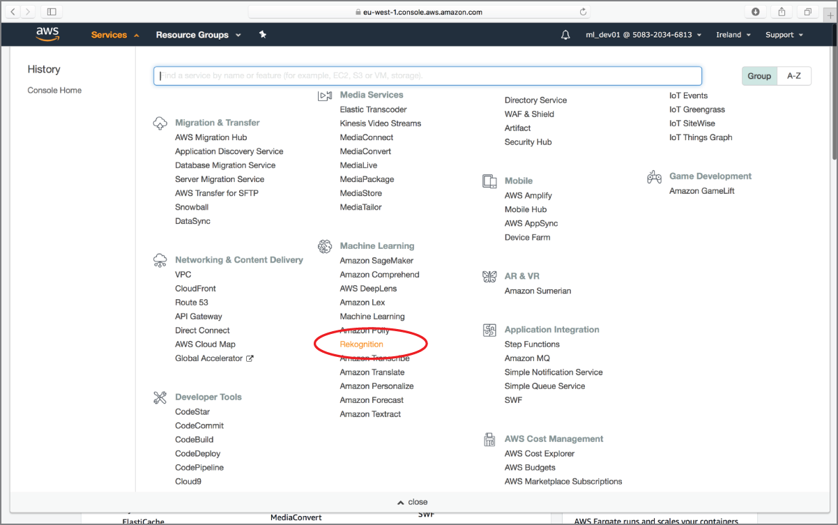 Screenshot of Click the Services menu and access the Amazon Rekognition service home page.