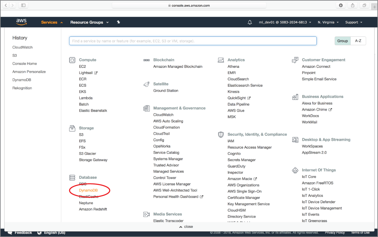 Screenshot of accessing the Amazon DynamoDB management console.