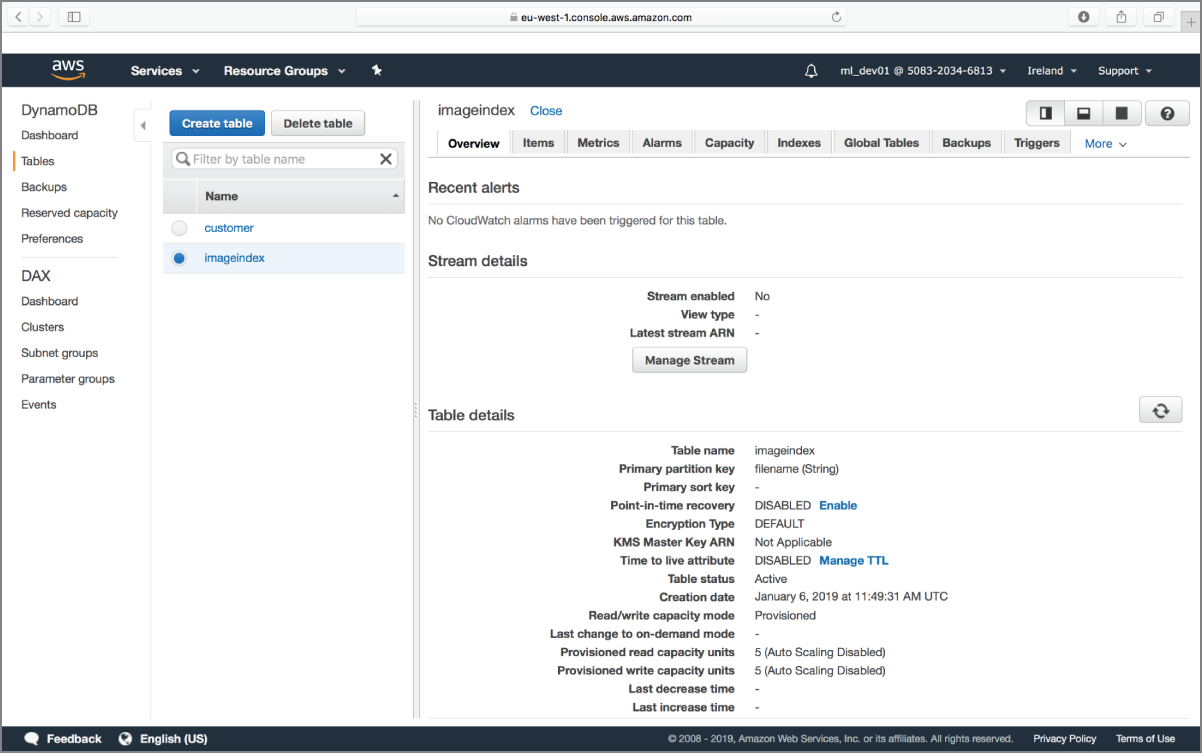 Screenshot of Amazon DynamoDB management console displaying a list of tables.