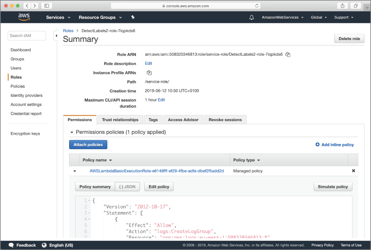 Screenshot of viewing the default policy document associated with the IAM role created by AWS Lambda.