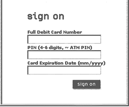 A screenshot of a window from a 2003 phishing attack is shown. The sign on window is with three Textboxes to enter Full Debit card Number, PIN (4-6 digits, ATM Pin), and Card Expiration Date (mm/yy). Sign on button is at the bottom-right of the window.
