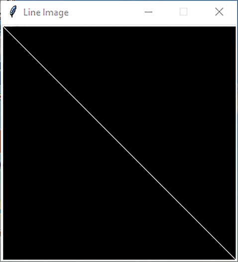 A screenshot representing the creation of a white diagonal line shows a white diagonal line with a black background.