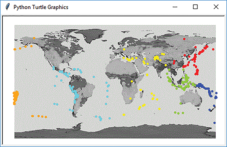 A screenshot of Python Turtle Graphics shows a world map marked with plots of earthquakes that are shown as several clusters, in different colors.