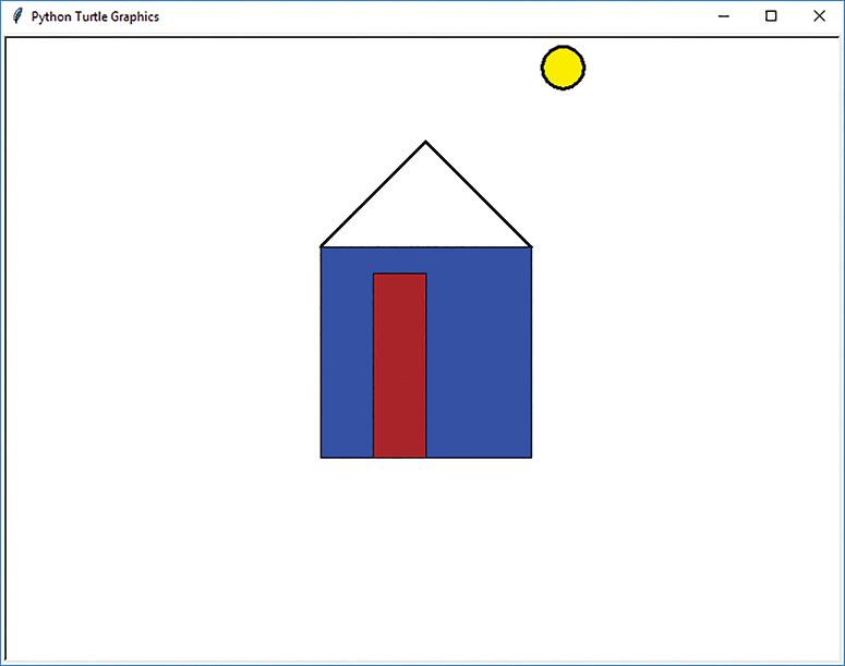 A Python Turtle graphics window shows a simple home drawing with sun representation at a certain distance.
