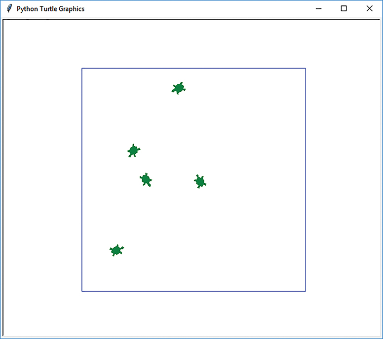 A Python Turtle Graphics window shows 5 turtles moving around the screen in various directions.