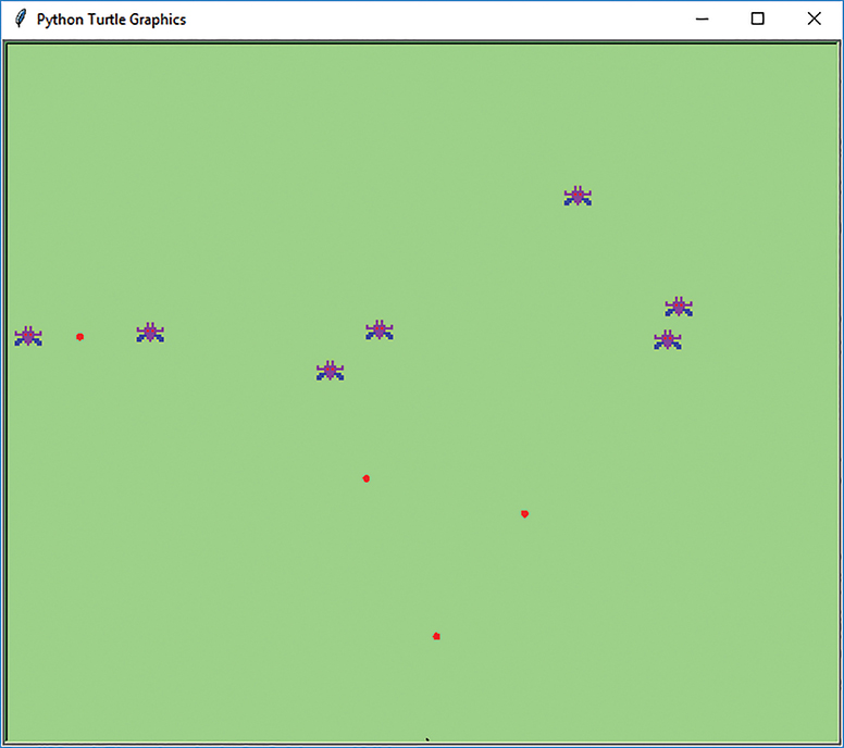 A Python Turtle Graphics window shows a screenshot of game with 7 turtles in the screen.
