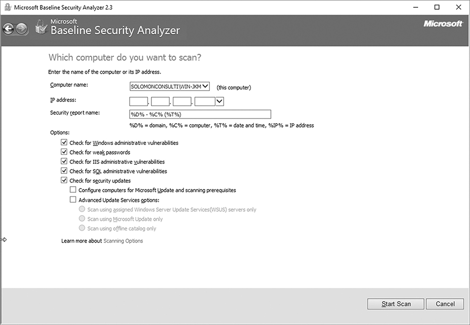 A screenshot of the Microsoft baseline security analyzer application to choose the scan options.