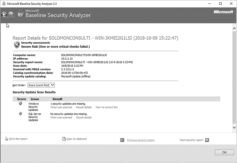 A screenshot shows the scan results in the Microsoft baseline security analyzer.