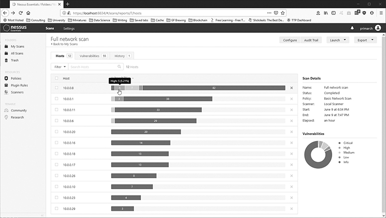 A screenshot shows the Rapid7nexpose report output options in a Nessus Essentials desktop. The host tab is selected and the full network scan results are displayed. Also, the right pane displays the scan details and vulnerabilities.