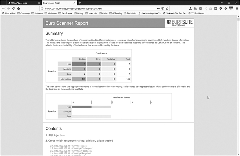 A screenshot of the burp suite professional application shows an executive report on the burp suite web vulnerability scan results. A summary of the report is shown using a table and a graph. Also, the contents of the report are displayed.