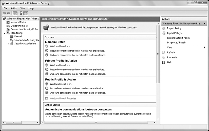 A screenshot shows the Windows Firewall with Advanced Security Microsoft Management Console.