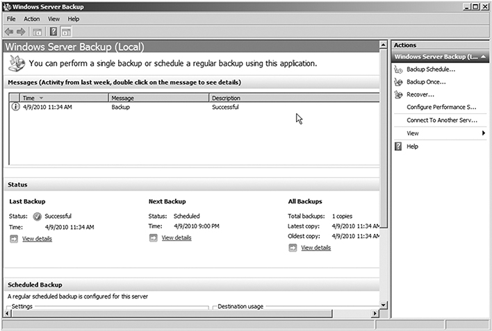 A screenshot of Windows Server Backup utility is shown.