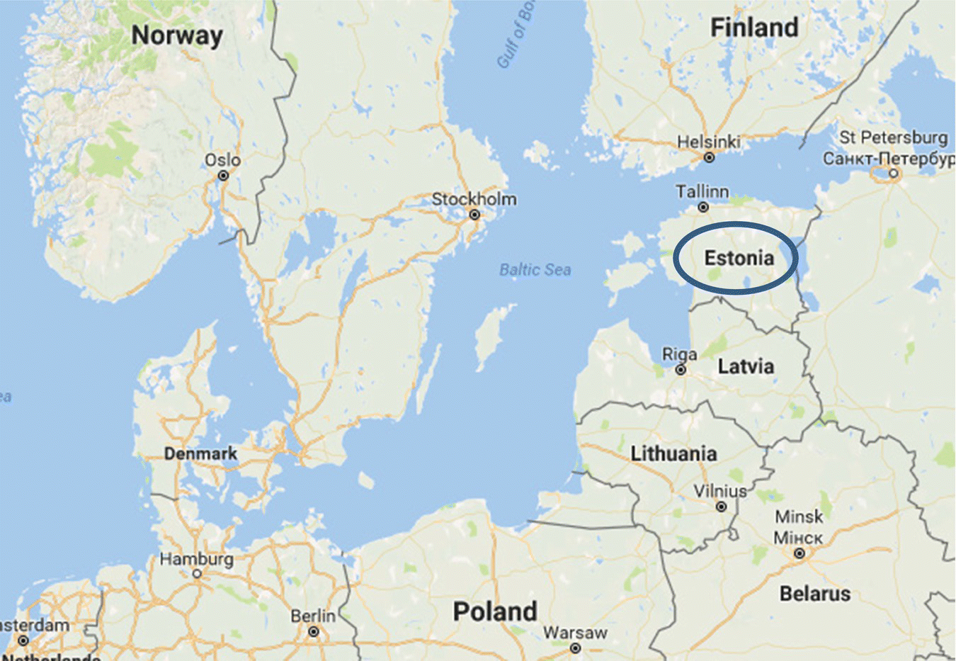 Map of Northern Europe with Estonia (encircled).