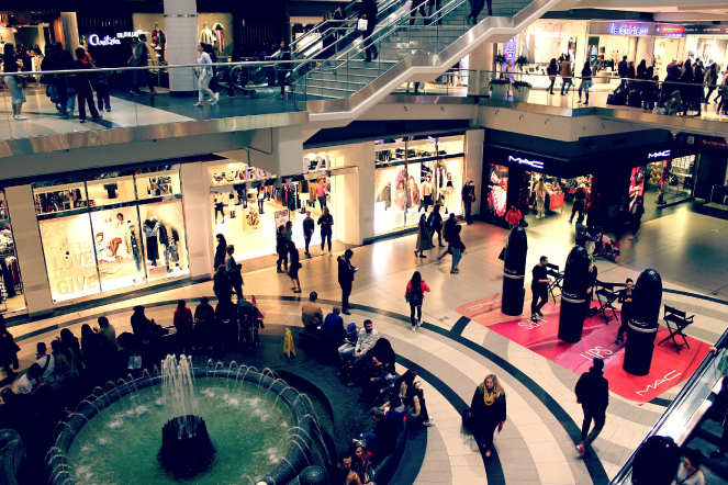 Photo illustration of interior of a shopping mall.
