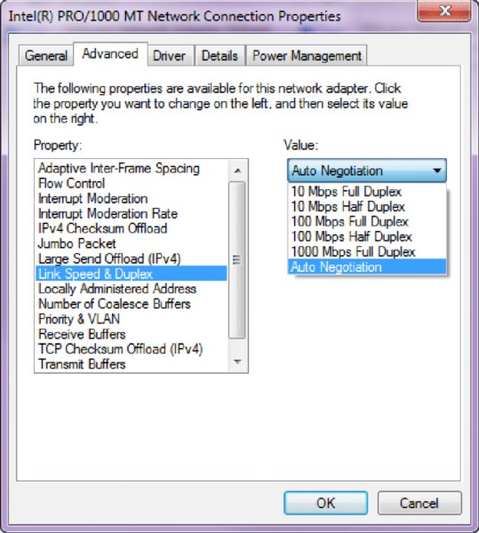 Image shows screen of Intel(R) PRO/1000 MT Network Connection Properties where advanced tab is selected within which link speed and duplex is selected under property option and auto negotiation is selected under value option.