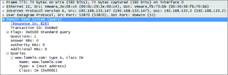 Window shows DNS query to www.lammle.com that displays “Frame 775: 74 bytes on wire (592 bits), 74 bytes captured (592 bits) on interface 0….”