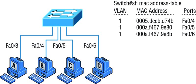 Image shows host A, host B, host C, and host D are connected to switch through ports Fa0/3, Fa0/4, Fa0/5, and Fa0/6.