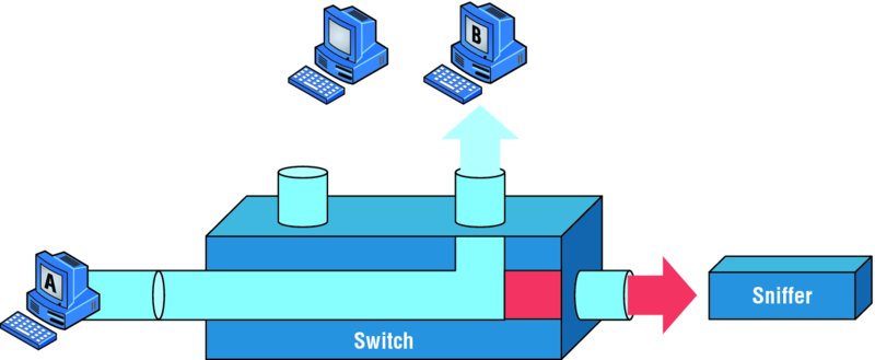 Image shows port spanning/mirroring in which every frame from host A is captured by host B and sniffer. It is linked through switch.