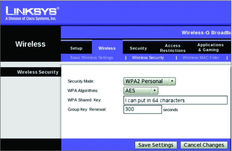 Screen shows page of LINKSYS wireless security that has security mode: WPA2 personal, WPA algorithms: AES, WPA shared key: I can put in 64 characters, and so on.