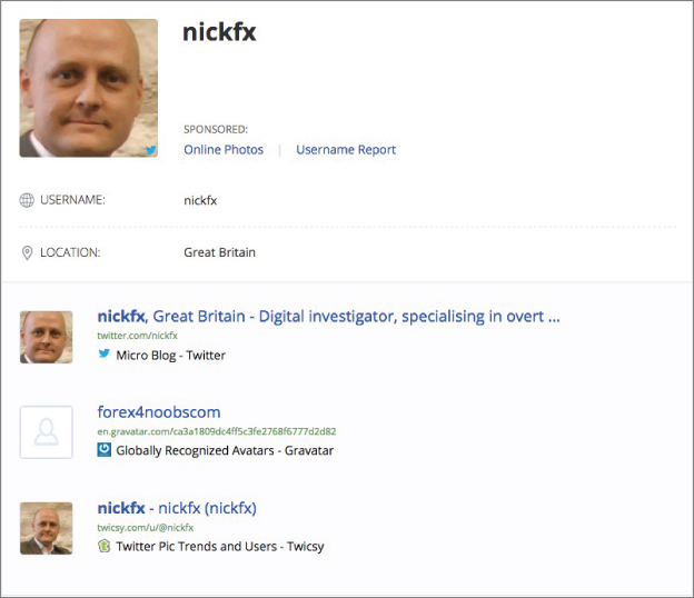 Screenshot displaying the photograph of a person assumed to be Nick, his username and location details, and personal details.