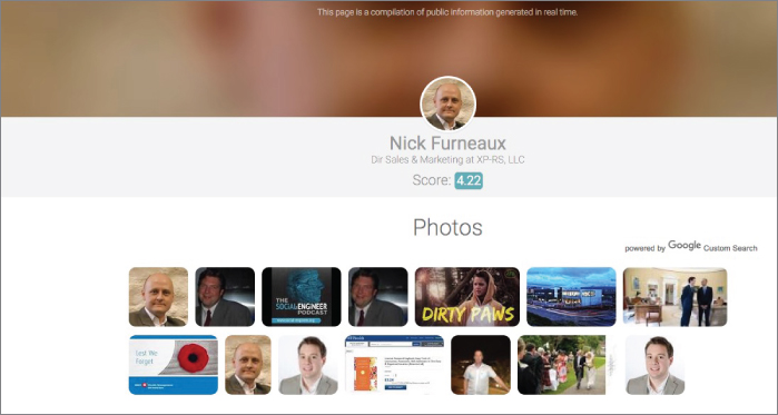 Screenshot displaying the results of running a search for a person named “Nick Furneaux”, giving a lot more information of that person.