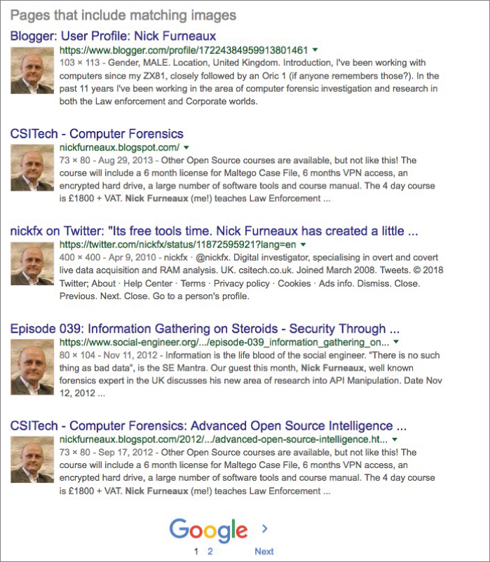 Screenshot of a Google page displaying the details of a person with matching images, who has a Blogspot page and wrote on a forensics page too.