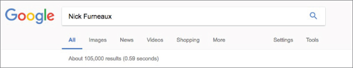 Screenshot of a Google page displaying the name of a person entered in the search box, with the search that returned 105,000 results in 0.59 seconds.