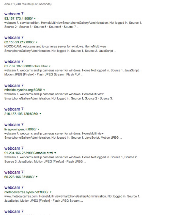 Screenshot displaying the results of a Google page while searching for an intitle:“Webcam 7” inurl:8080 -intext:8080.
