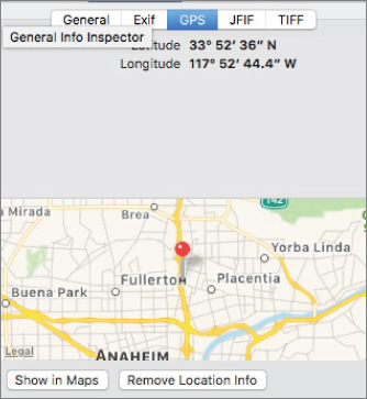 Screenshot displaying the metadata of a map that gives information on the type of camera, the date, the time, and the GPS coordinates of where it was taken.