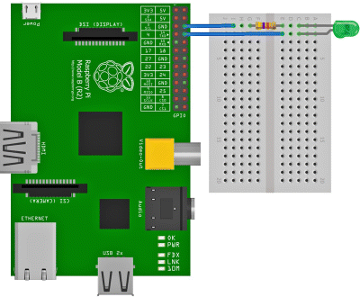 Figure depicts a breadboard diagram of the Raspberry Pi web-controlled LED project using the Fritzing software.