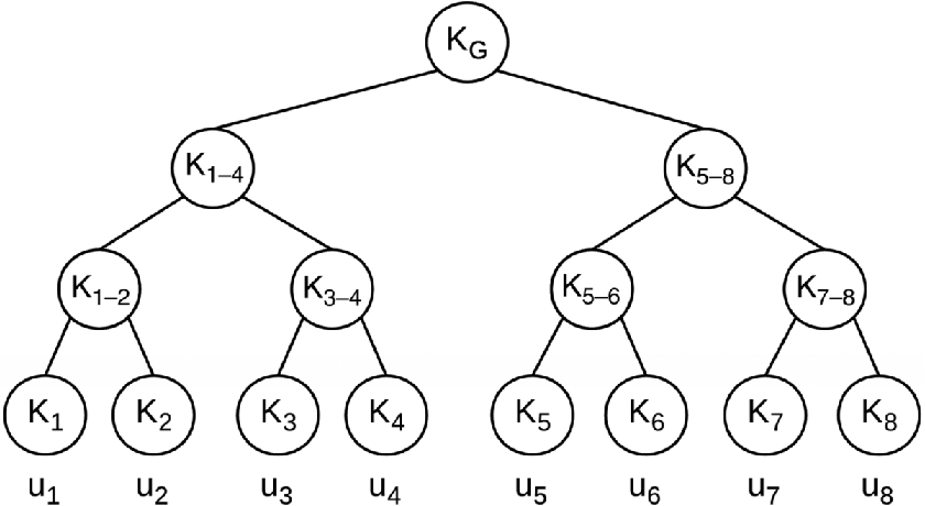 Figure depicts example of LKH key material in the presence of eight group members.