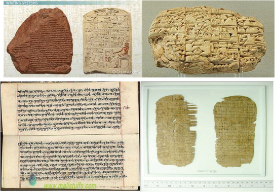 Figure shows 4 pictures, clockwise from top: Ancient writings on stone, Mesopotamian clay tablet, bhojpatra and papyrus.