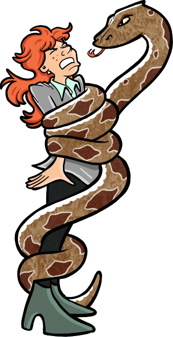 A cartoon image depicts a girl constricted by a python.