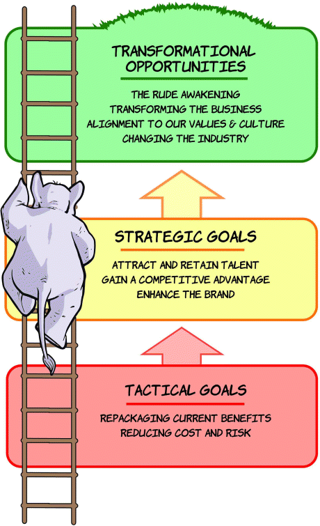 A cartoon image depicts the ladder to wellness that starts with tactical goals to transformational opportunities followed by strategic goals.