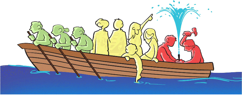 A cartoon image depicts 10 people riding on a boat doing different activities.