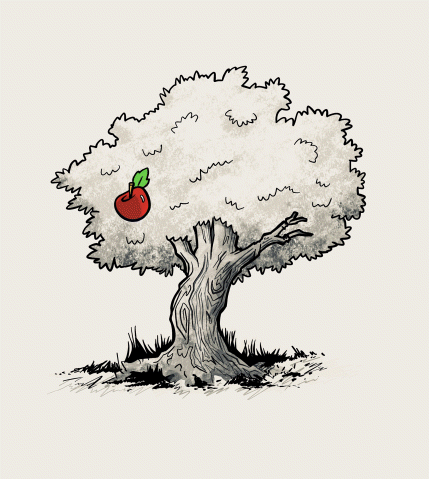 A cartoon image depicts an apple tree.
