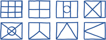 Image of eight boxes divided in several ways---in the form of a grid, and in rectangular, triangular, and/or circular divisions.
