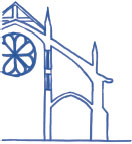 Outline image of a part of a cathedral with stained glass windows.