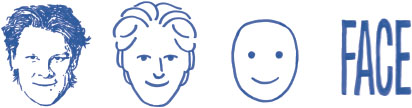 Image with the sketch of a man's face. To its right is an outlined version of the same. Further right is just one continuous outline of the face and two dots and a curved line for the eyes and the mouth. To its right is the word “face.”