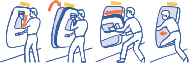 Image showing the four steps to opening and exiting through the emergency exit of an airplane, side by side.