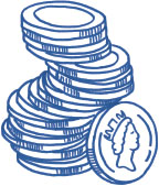 Image of a pile of coins stacked haphazardly on top of each other. Against this stack a coin is placed on its side, with its face visible.