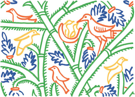 An illustration of branches and foliage, with birds sitting among them.