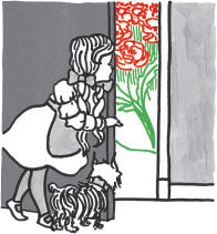 Image of a little girl and her dog peeking out the door, at the colorful plants and flowers outside. Apart from the flowers and greenery, everything else in the image is in greyscale.