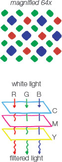Image titled “magnified 64×”, with a pattern of several rectangle-like shapes of three different colors. Image depicting how white light converts to filtered light when the component colors of white light are processed through the three different colored inks of a printer.